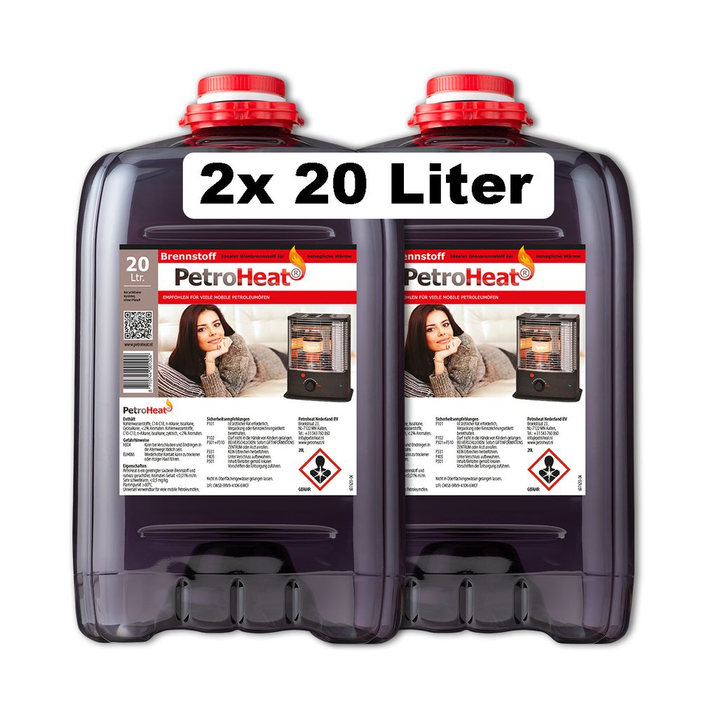Two large plastic canisters of petroleum fuel for heating, with labels showing a woman and a heater.