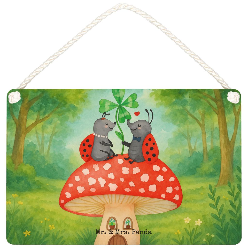 Mr. & Mrs. Panda Schild Marienkäfer Fliegenpilz Design DIN A6 - Weiß - Geschenk, kleine aufmerksamkeit, Lustige Sprüche, Zuhause, holzbild, wand...