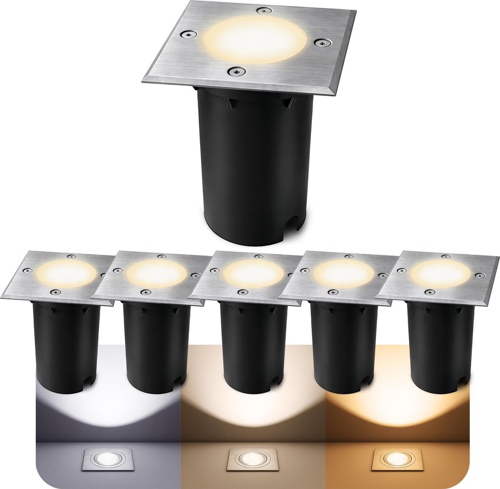 SSC-LUXon 6x KALPA Bodenleuchte LED quadratisch silber - Bodeneinbaustrahler IP67 Außenlampe mit GU10 Birne 3W - 3CCT drei einstellbare Lichtfarben
