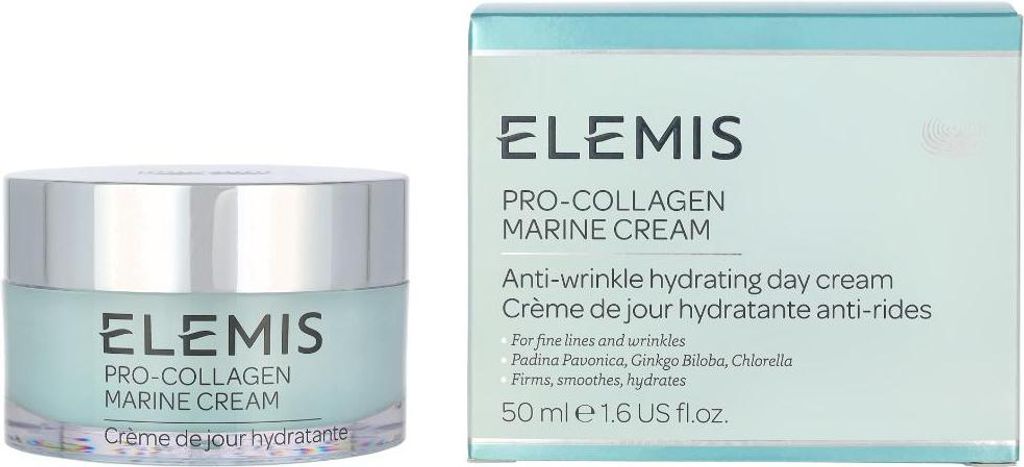 A product shot of Elemis Pro-Collagen Marine Cream and its packaging, displayed side-by-side on a white background.