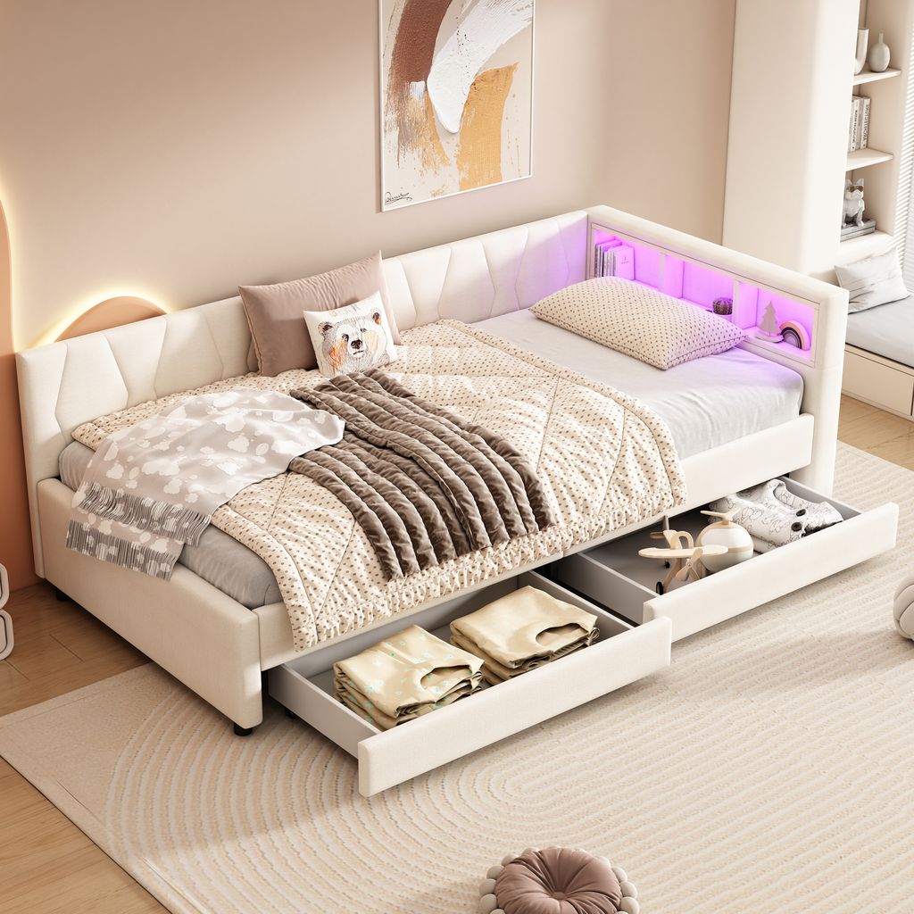 Flieks Polsterbett Schlafsofa 90x200cm mit 2 Schubladen & LED, Tagesbett mit Ladefunktion(USB&Typ C), Einzelbett mit Staufach, Leinen, Beige
