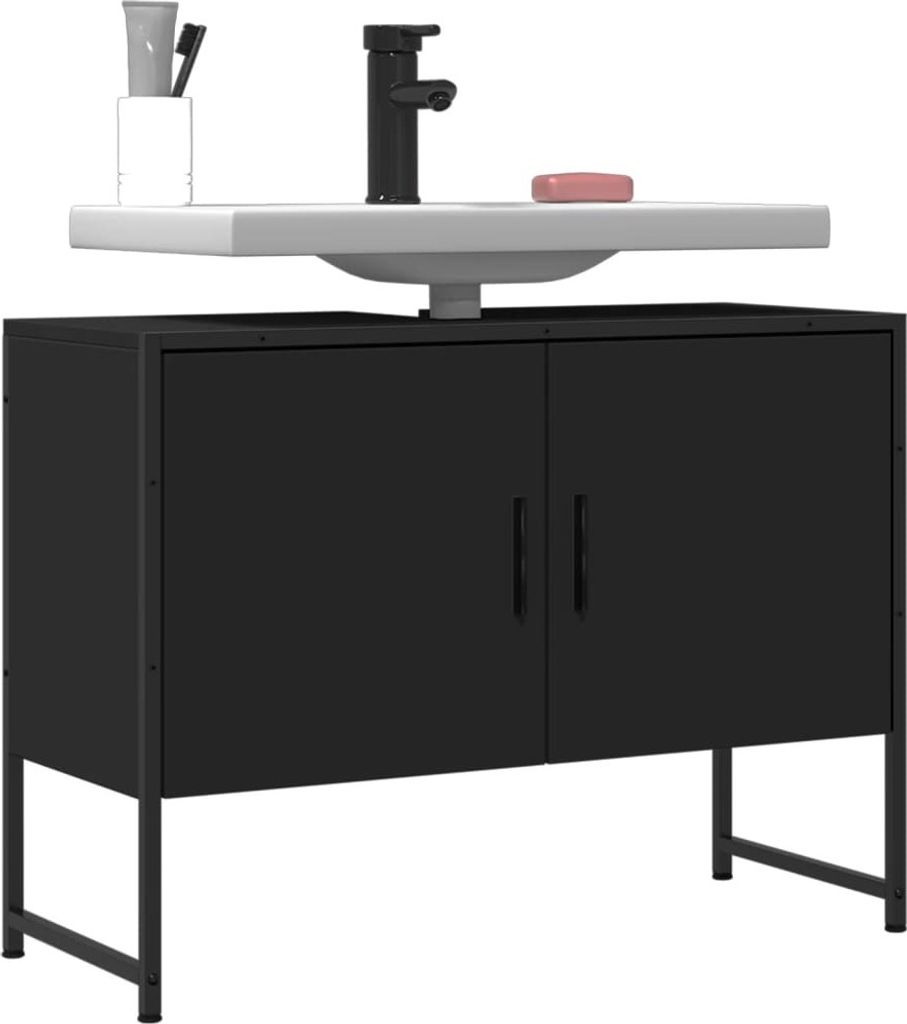 A black bathroom vanity with a white sink and faucet.