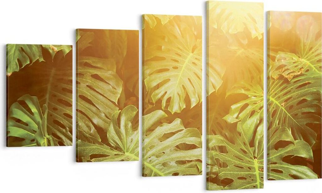 Bild auf Leinwand - Leinwandbild - 5 Teile - Blätter Monstera Licht - 100x60cm - Wand Bild - Wanddeko - Wandbilder - Leinwanddruck - Bilder - Wand...