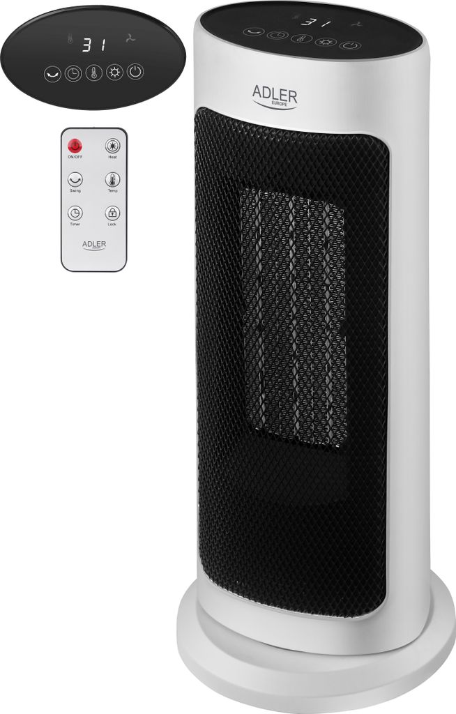 A white and black tower heater with a remote control and a separate control panel.