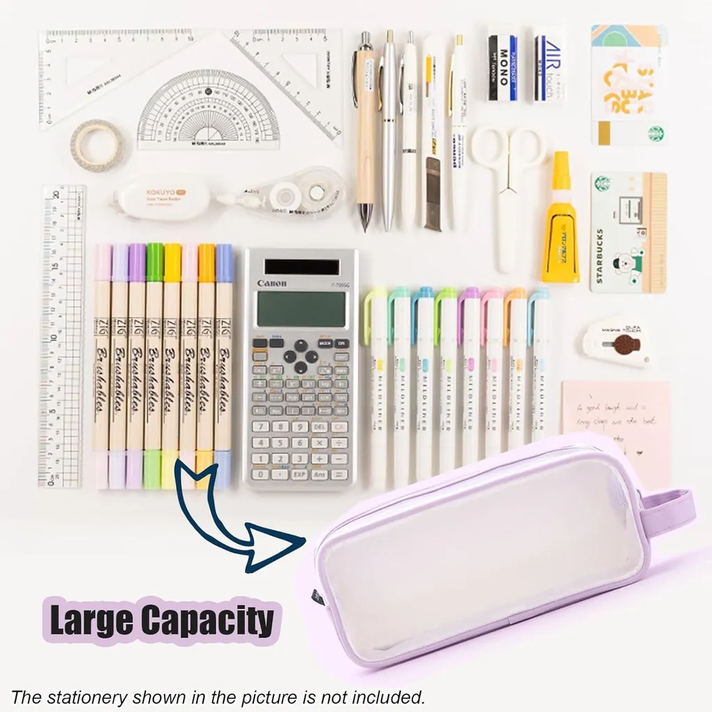 Porte-plume transparent violet grand format pour école et bureau