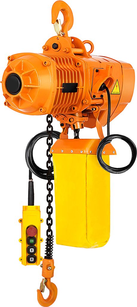 An orange electric chain hoist with a yellow cover and a yellow control pendant is shown against a white background.