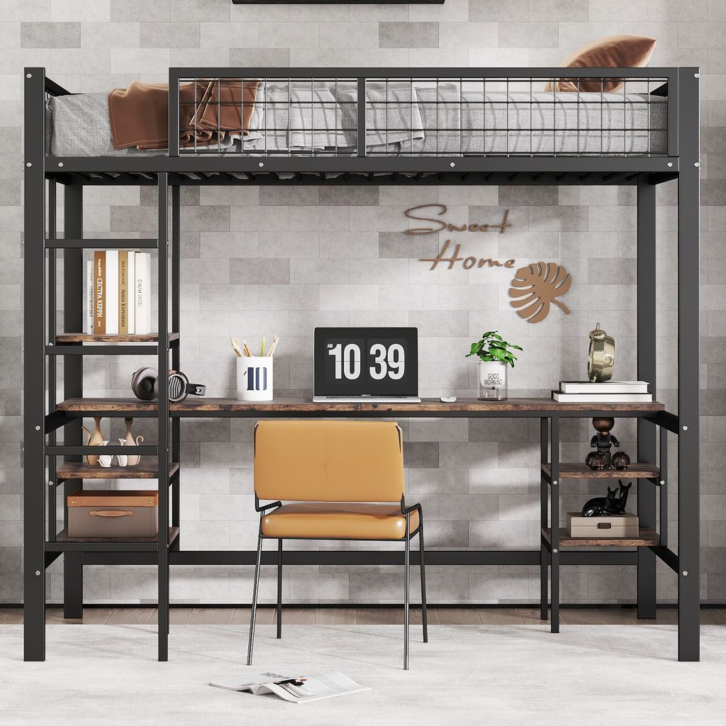 A loft bed with a desk and shelves underneath, set against a brick-patterned wall.