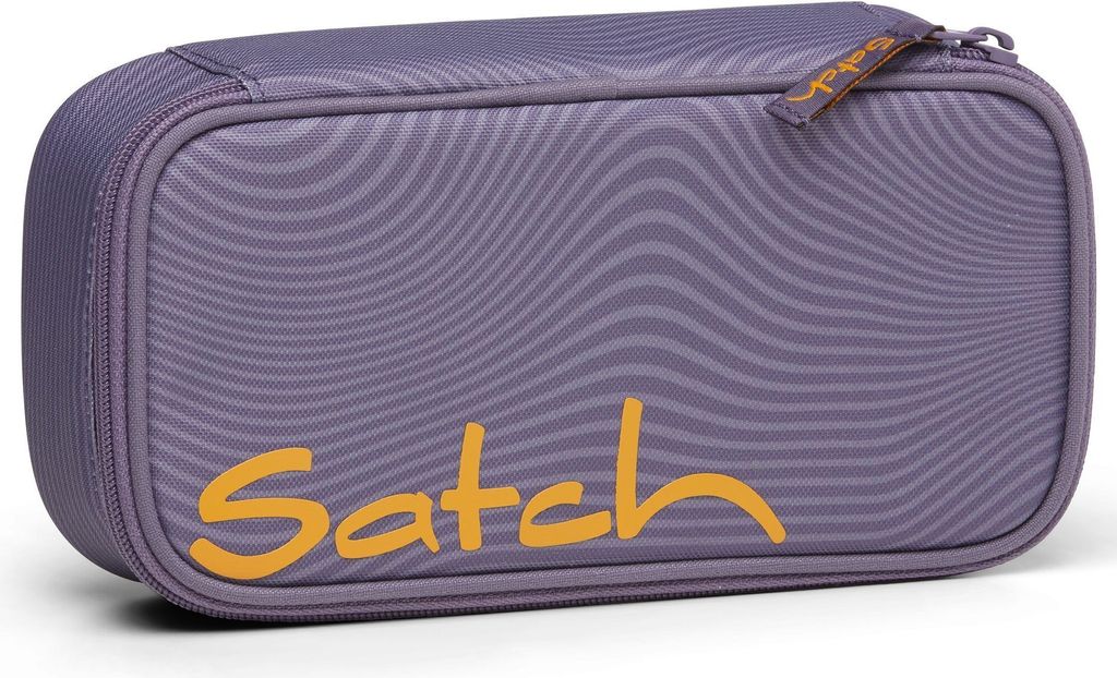 A purple pencil case with a wavy pattern and the brand name 'Satch' in orange.
