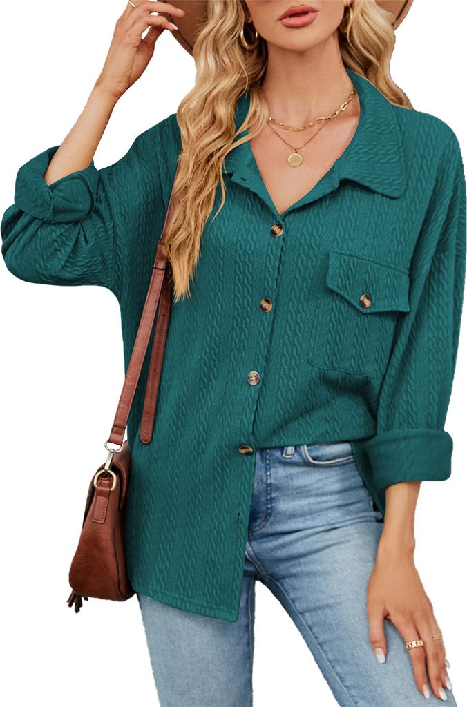 ASKSA Damen Bluse Langarm Musselin Einfarbig Revers Knoepfen Hemd Elegant Casual Locker Hemdbluse mit Taschen (Dunkelgruen,S)