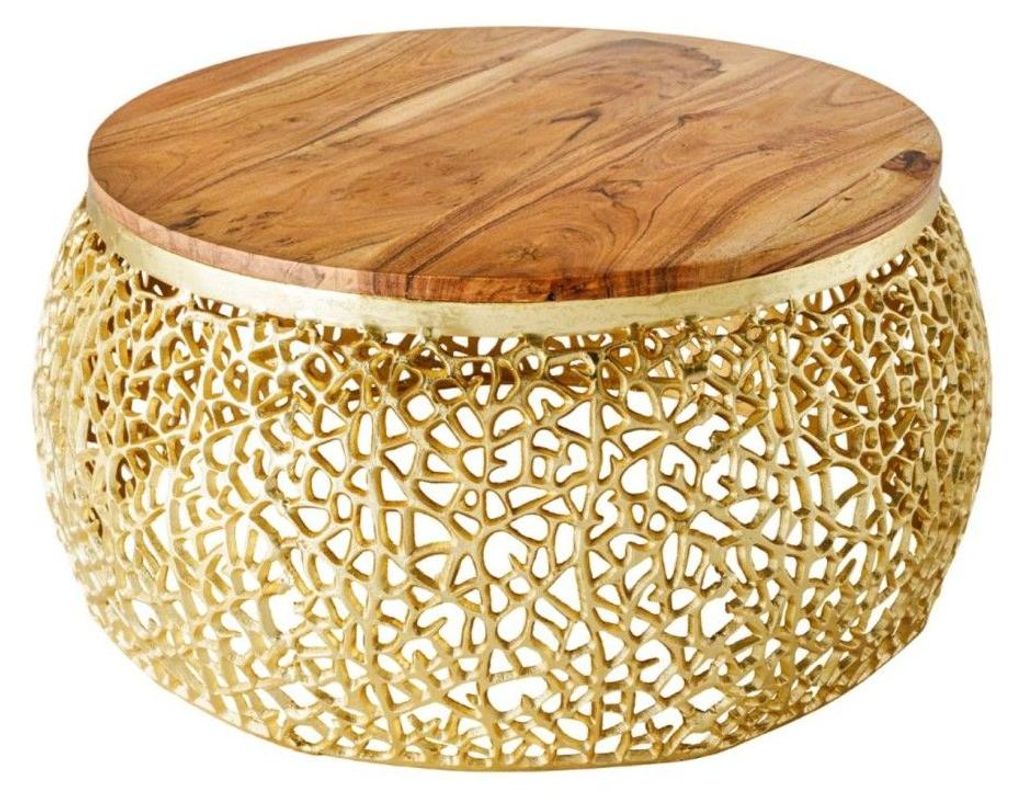 Runder Couchtisch METRIX 72 cm in Gold mit Akazienholzplatte – Design-Couchtisch aus Aluminium und Massivholz