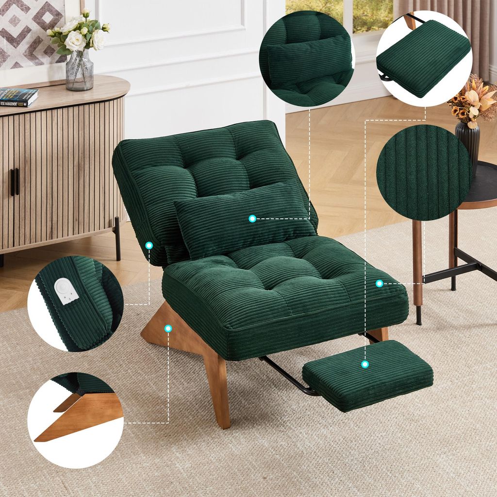 Sweiko Moderner verstellbarer rückenfreier Loungesessel aus Stoff mit Fußstütze mit Lendenkissen und Holzbeinen für Wohnzimmer/Schlafzimmer/Stu...