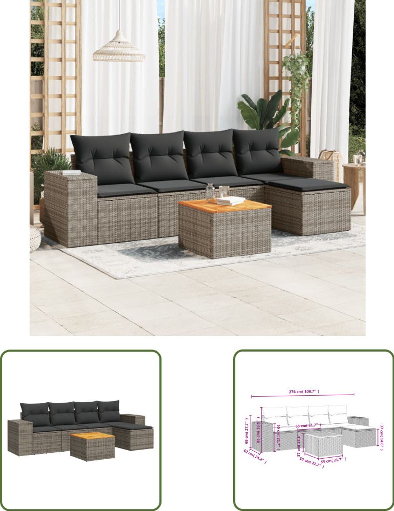 The Living Store 6-tlg. Garten-Sofagarnitur mit Kissen Grau Poly Rattan