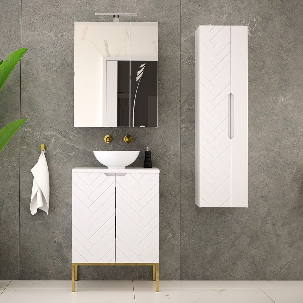 Badezimmer Komplett Set 3-teilig inkl. Waschtisch in weiß matt mit gefrästen Fronten ANGERA-140