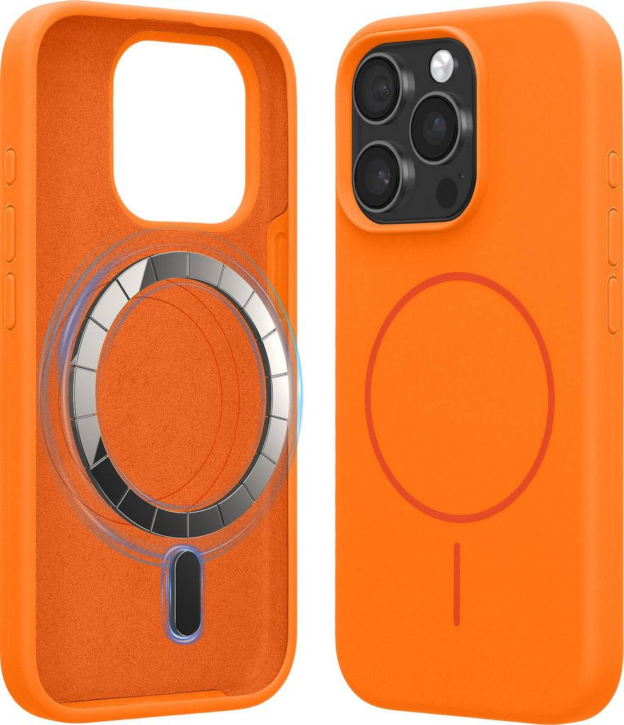 kwmobile Handyhülle für Apple iPhone 15 Pro - Hülle für MagSafe - Hülle für iPhone 15 Pro Case - Silikon Rückseite magnetisch in Fruity Orange