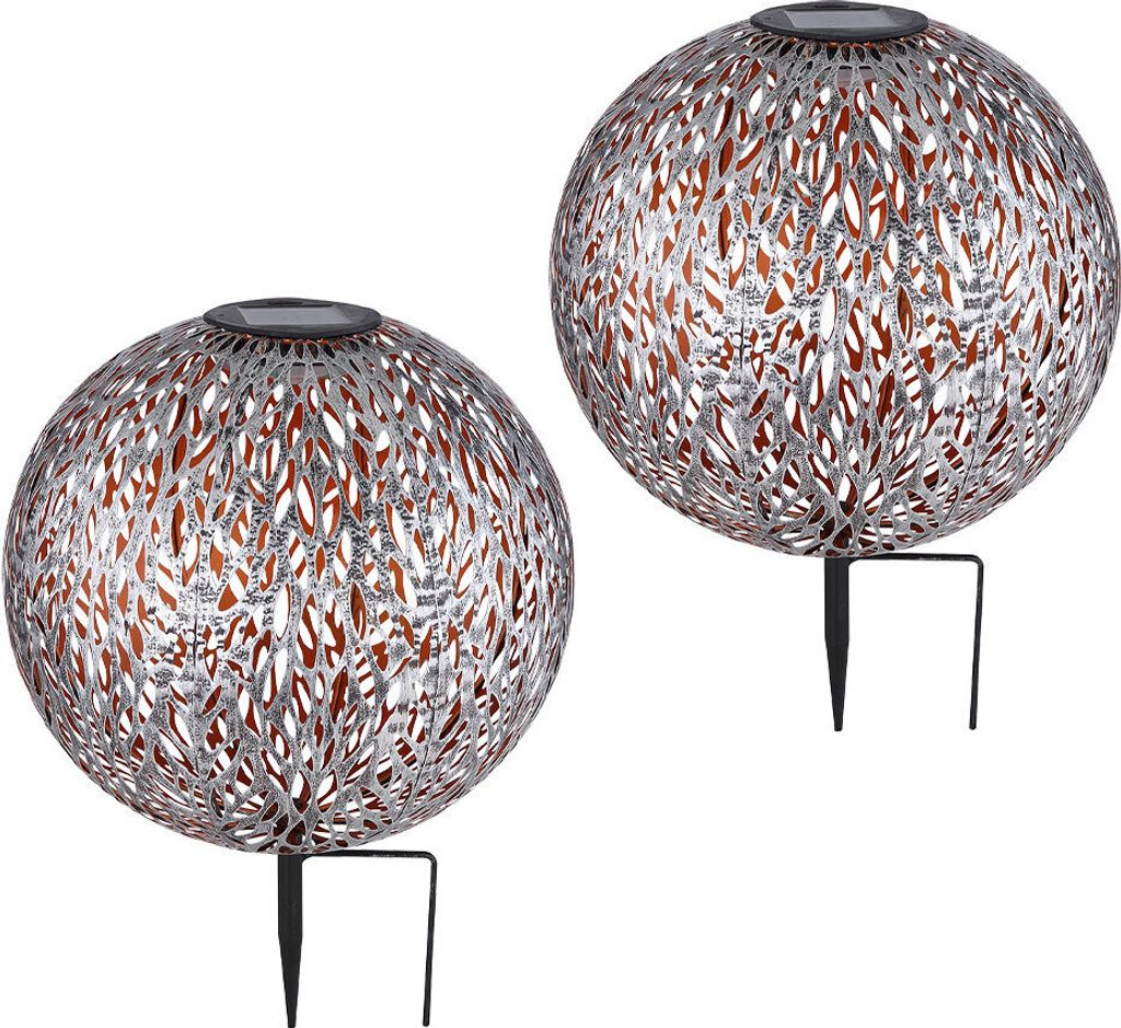 2x LED Solarleuchte, Kugel, Erdspieß, silber-grau, gold, H 38 cm