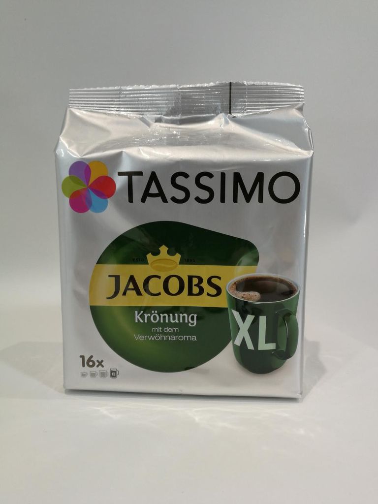 A package of Tassimo Jacobs Krönung XL coffee pods against a white background.