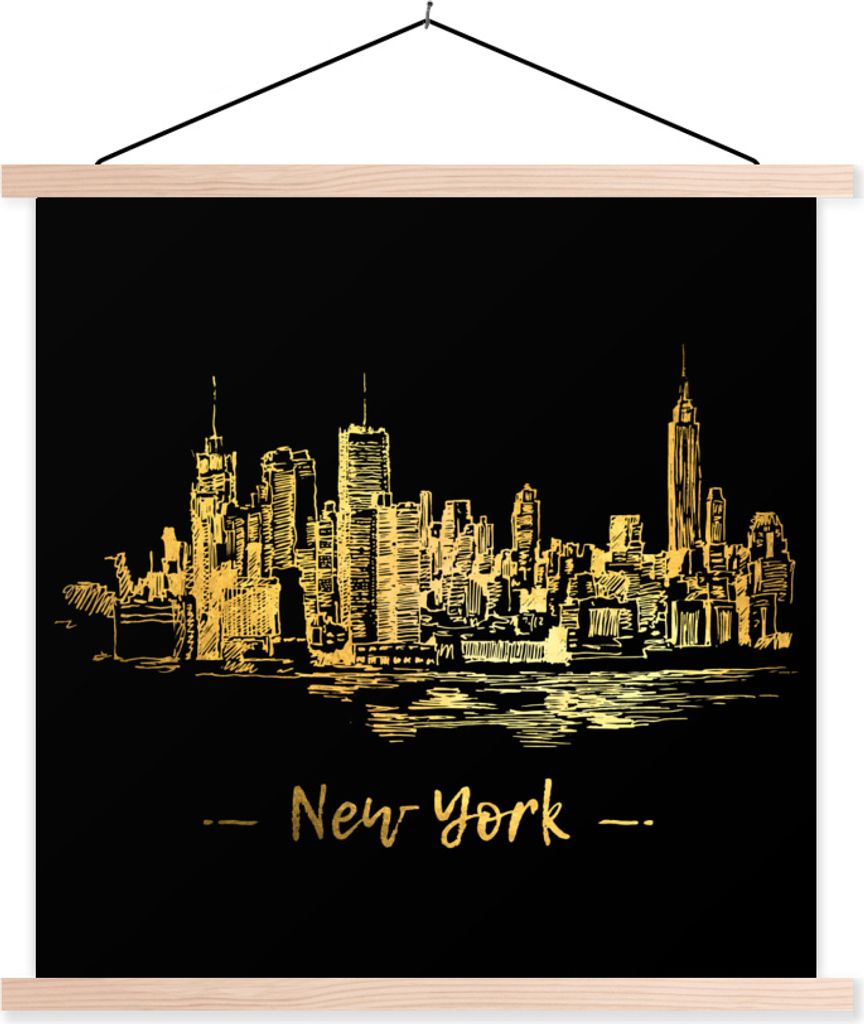 MuchoWow Textilposter New York - Gold - Schwarz 40x40 cm mit holzfarbenen Rahmen - Posterleiste