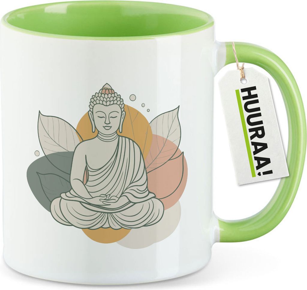 Huuraa Kaffeetasse Buddha Buddhismus 330ml Grün Keramik Kaffeebecher Geschenkidee