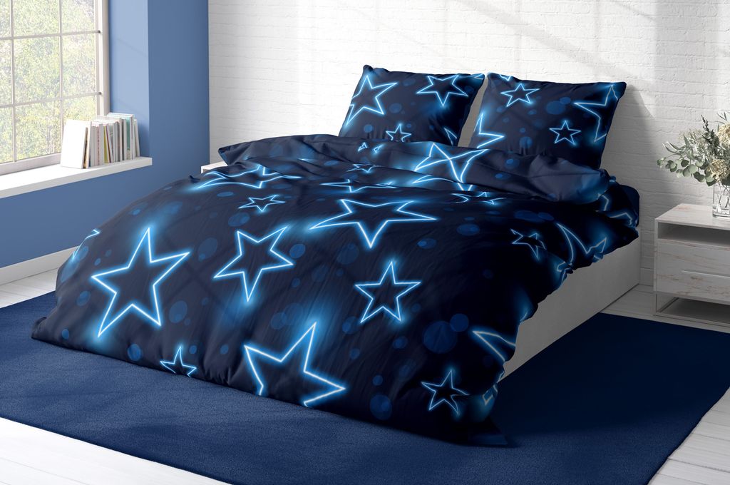 One-home Sterne Bettwäsche 135x200 Cm – Dunkelblau Mit Leuchtoptik, Mikrofaser-Set