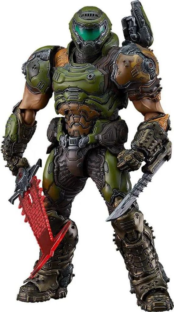 A full-body shot of a Doom Slayer action figure, holding weapons.