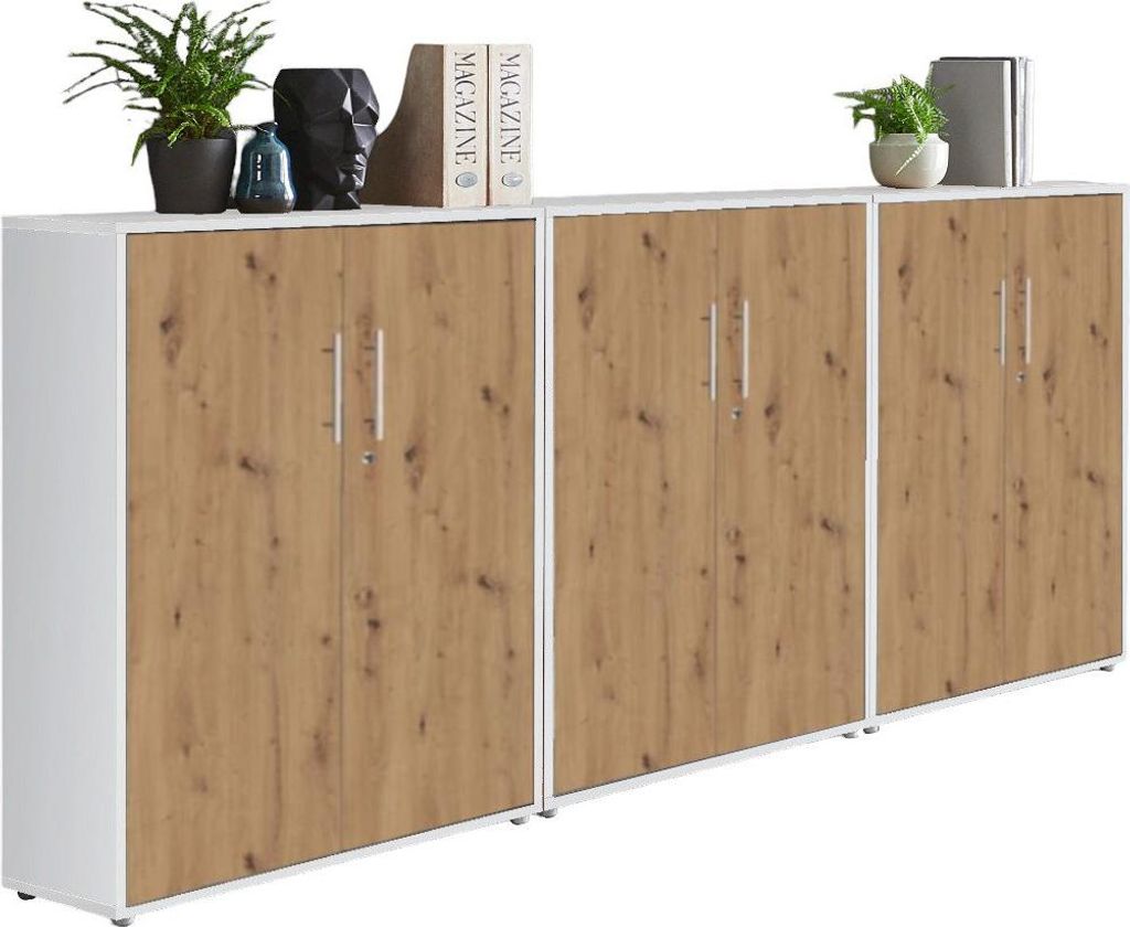 Aktenschrank TABOR 99 in weiß / Artisan Eiche, Schrankwand, Büroschrank, abschließbar, Metallgriffe