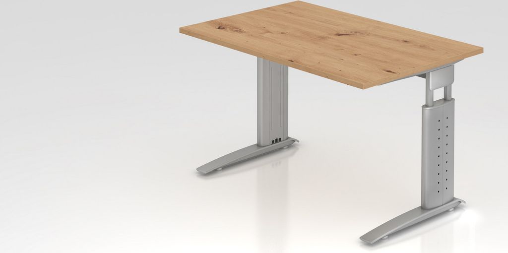 Schreibtisch Mauri | Asteiche | Silber Gestell | BxT 120x80cm | Arbeitshöhe 68-86cm | höhenjustierbar, 2cm Raster | C-Fuß-Gestell | Rechteckform