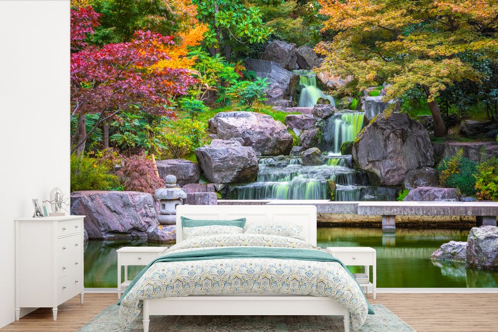 MuchoWow Fototapete für Wohnzimmer oder Schlafzimmer Wandtapete Vinyl Motivtapete Steine - Wasser - Bäume - Japanisch - Botanisch - 330x220 cm ...