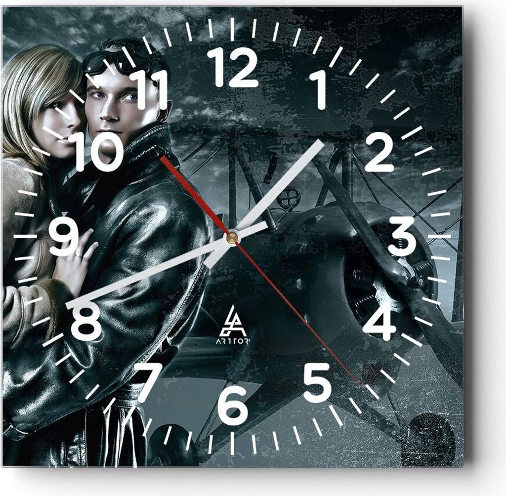 Wanduhr - Quadrat - Glasuhr - Liebe Paar Avionik Flugzeug klassisches Flugzeug - 30x30cm - Schleichendes Uhrwerk - Lautlos - zum Aufhängen bereit ...