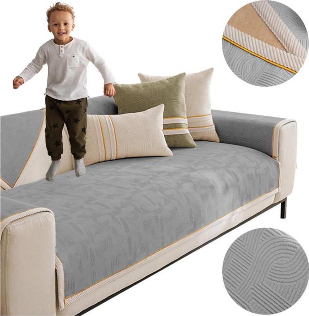 Sofaschoner / Sofaüberwurf für Sofa und Couch 90 × 240 cm – Dunkelgrau mit goldfarbener Einfassung
