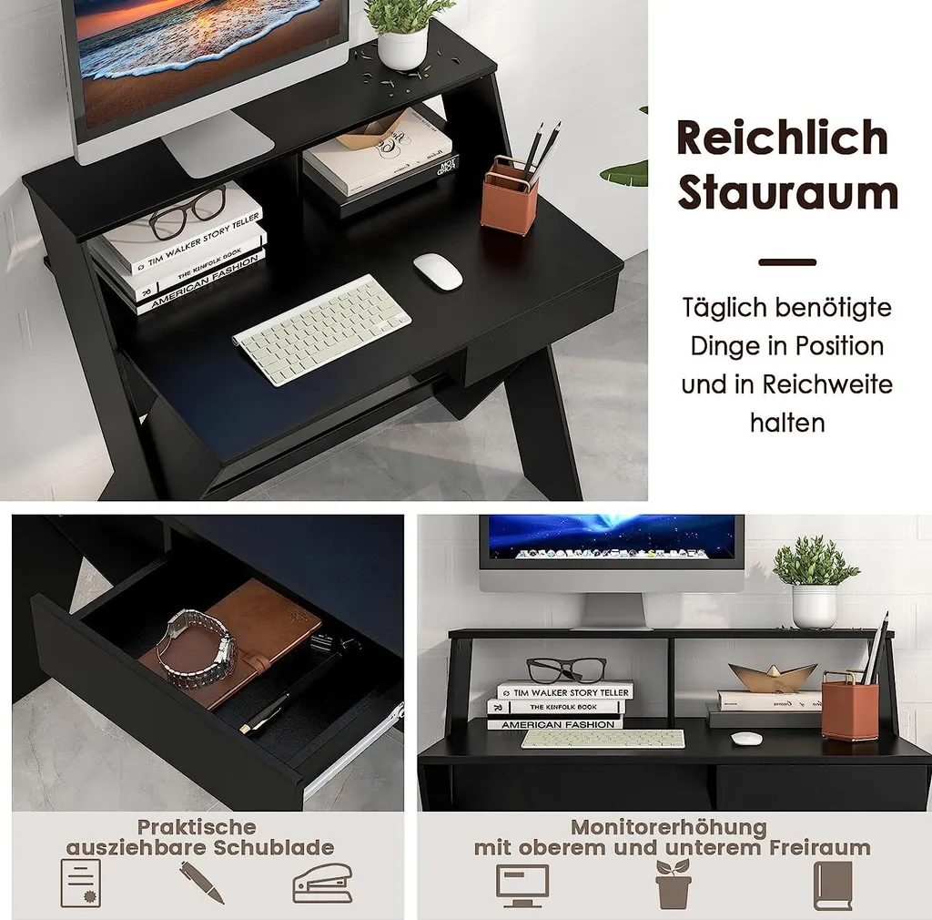 Bureau stable anti-fatigue avec rehausse écran pour petits bureaux