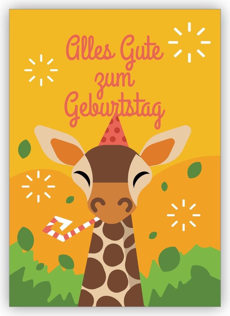 4x Lustige Geburtstagskarte mit Giraffe und Partyhut: Alles Gute zum Geburtstag