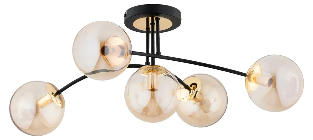 Plafonnier design 5 lumières LATINA en verre ambré et métal noir et or