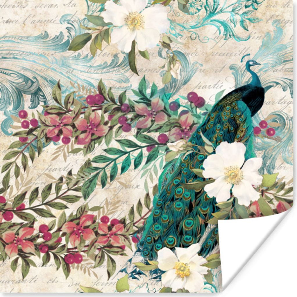 MuchoWow Poster Blumen - Kunst - Pfau 50x50 cm - Wohnzimmerdekoration