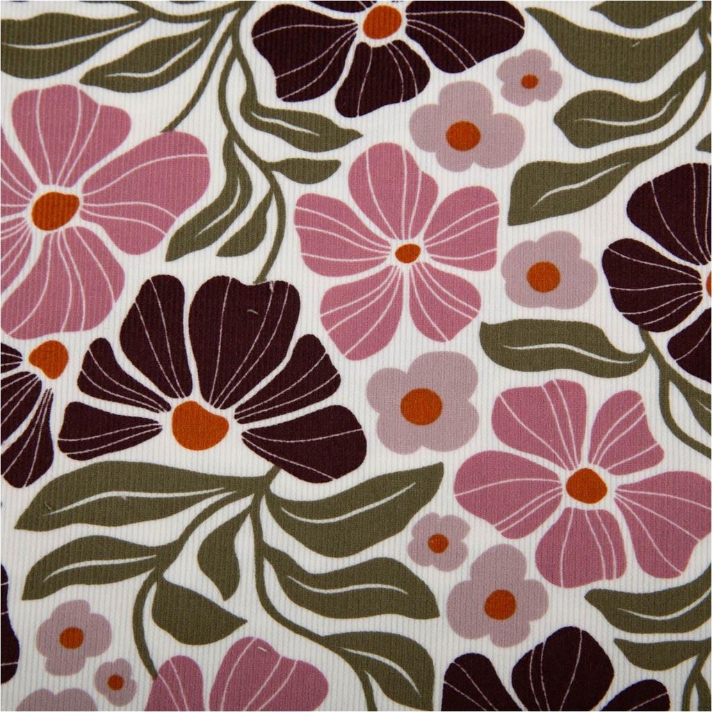Feincord Stoff Meterware Baumwolle Blumen wollweiß/rosa 1,44m