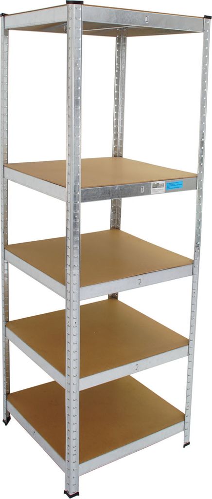 A metal shelving unit with wooden shelves against a white background.