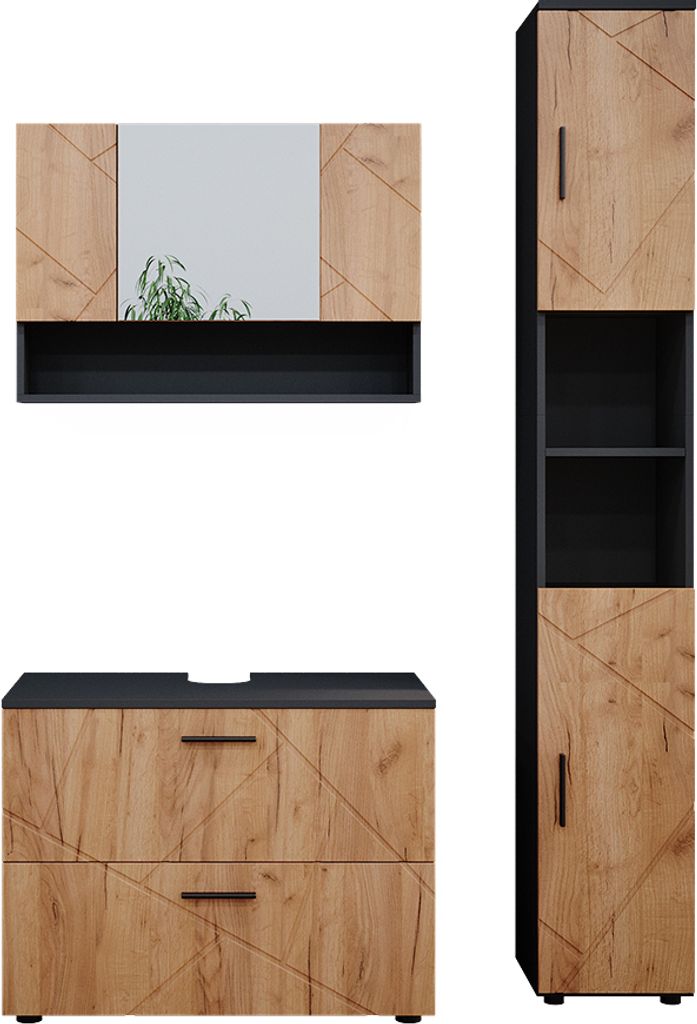 Badmöbel-Set Vicco Irma Goldkraft Eiche/Anthrazit 3 Teile, mit Spiegelschrank 80 cm, Model 39597