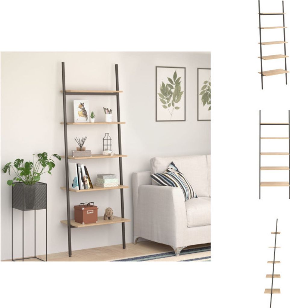 vidaXL Leiterregal mit 5 Böden Hellbraun und Schwarz 64x34x185,5 cm - Bücherregale & Bücherschränke