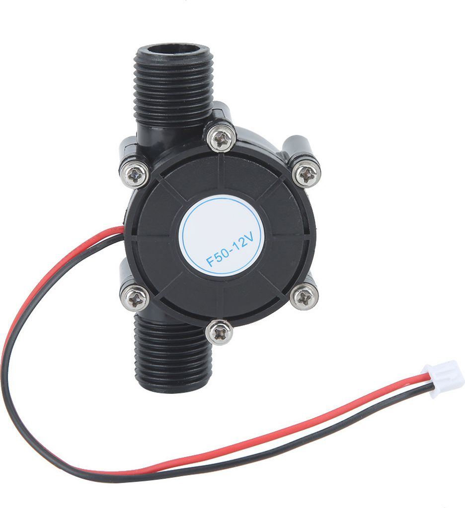 A black micro water generator with red and black wires and a white connector.