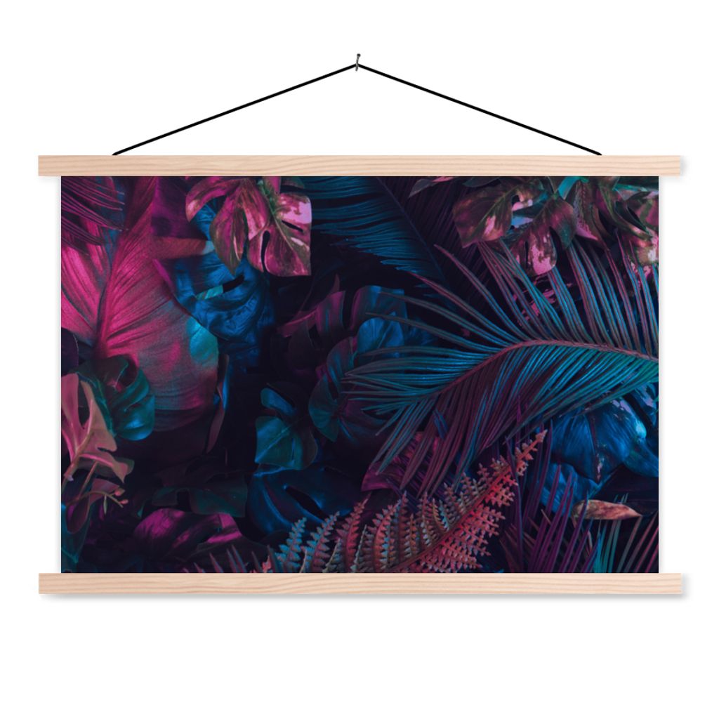 MuchoWow Textilposter Dschungel - Blätter - Blau - Rosa - Mädchen - Kind 120x80 cm mit holzfarbenen Rahmen - Aufhängeset