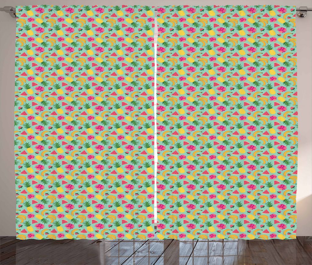 ABAKUHAUS Früchte Rustikaler Vorhang, Hibiscus-Blumen und Bananen, Wohnzimmer Universalband Gardinen mit Schlaufen und Haken, 280 x 175 cm, Mehrfa...