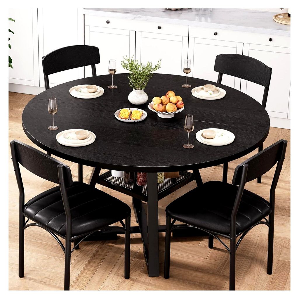 Runder Esstisch mit 4 Esszimmerstühlen, 5-teiliges Set, Küchentisch aus Holz im Industrial Design (Schwarz, 107x107x76cm)
