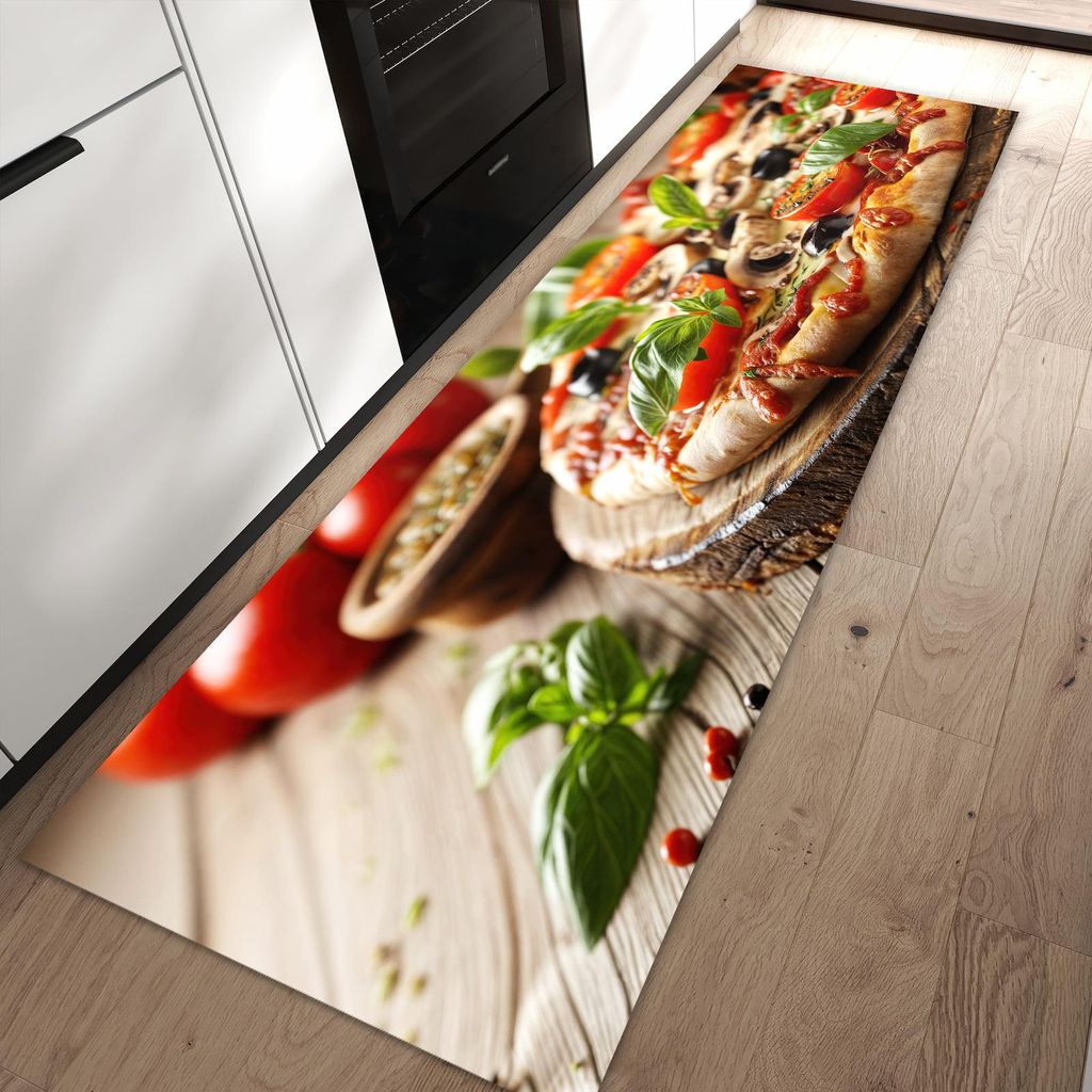 Küchenteppich 60x90cm rutschfest & abwischbar PVC Läufer - Pizza im Holzofen