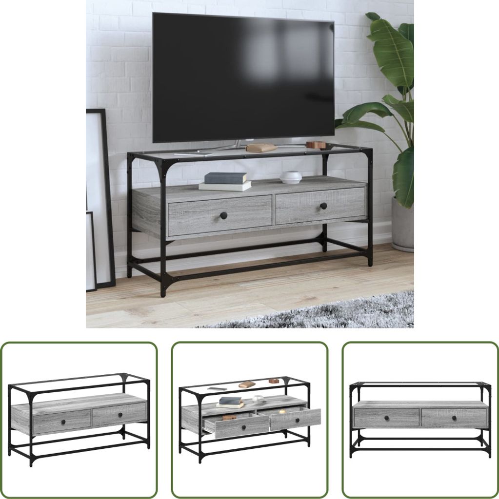 The Living Store TV-Schrank mit Glasplatte Grau Sonoma 98x35x51 cm Holzwerkstoff