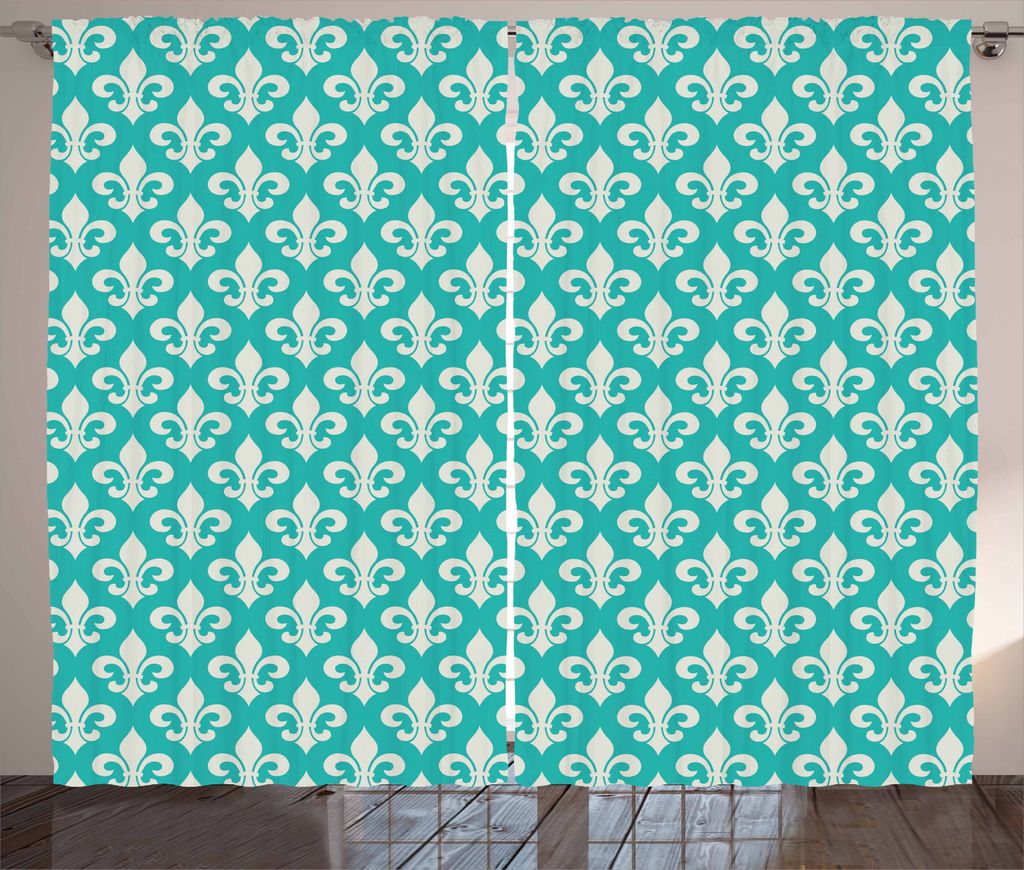 ABAKUHAUS Fleur de Lis Rustikaler Gardine, Rokoko-Effekte, Schlafzimmer Kräuselband Vorhang mit Schlaufen und Haken, 280 x 245 cm, Türkis und Beige