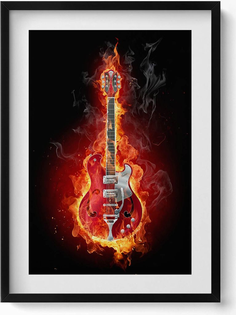 Flammende rote E-Gitarre– Wandbild mit Rahmen – Gerahmtes Bild – Wanddekoration – 50x70 cm – Schwarz Rahmen