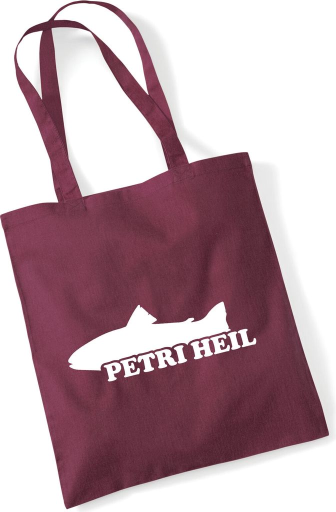 Huuraa Jutebeutel Petri Heil Fischergruß 10 Liter Burgundy Baumwolle Tasche Geschenkidee