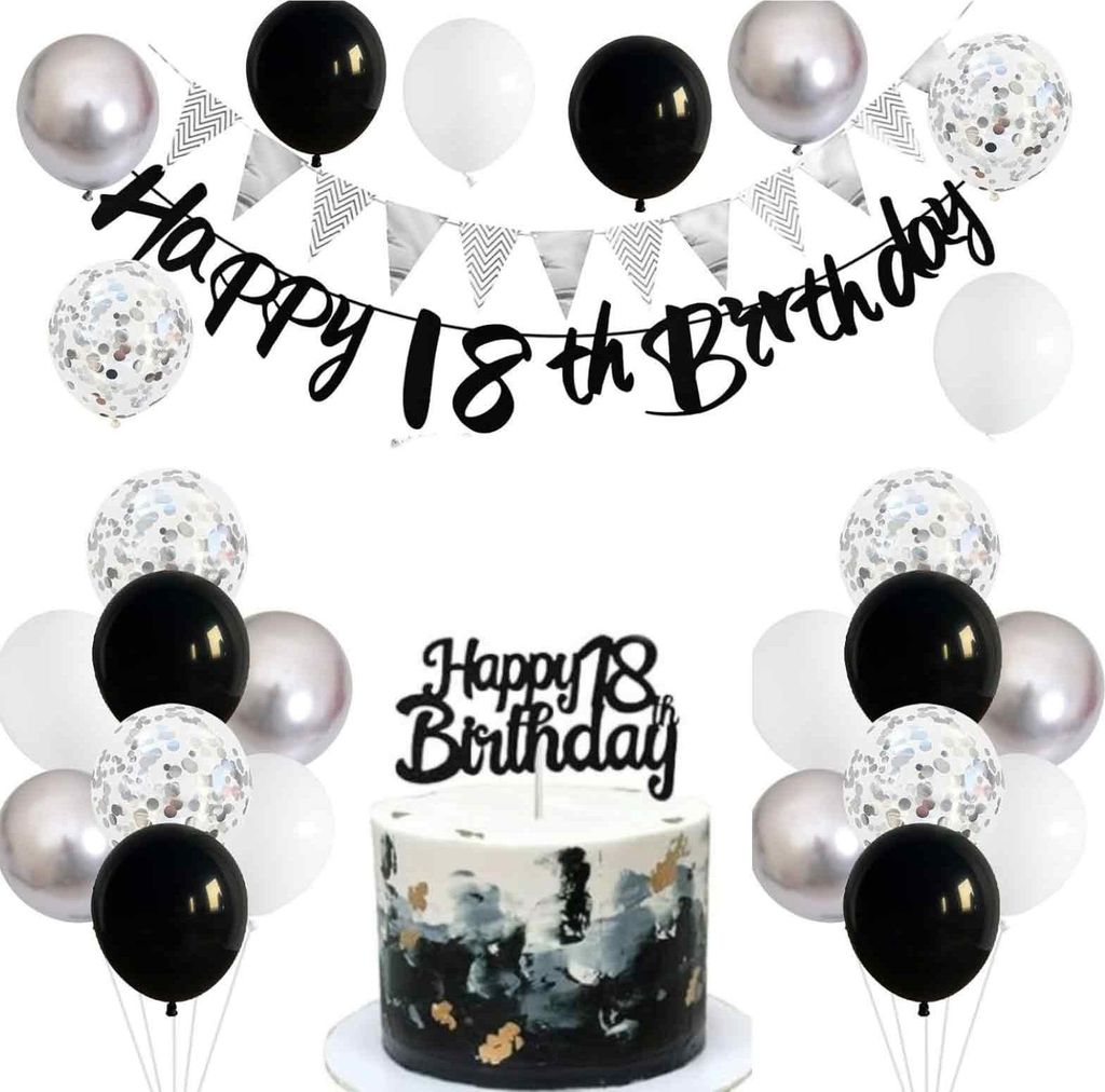 Luftballons 18 Geburtstag Dekoration Schwarz, 1 Set Happy Birthday Deko Banner, Schwarz Tortendeko 18 Geburtstag Deko, Schwarz Silber Weiß Party B...