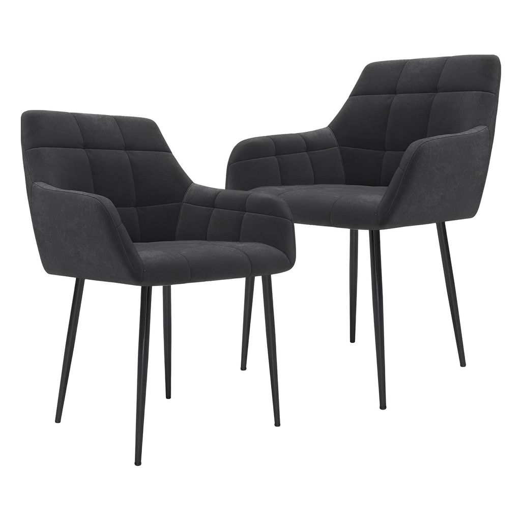 Two dark gray upholstered dining chairs with black metal legs are shown against a white background.