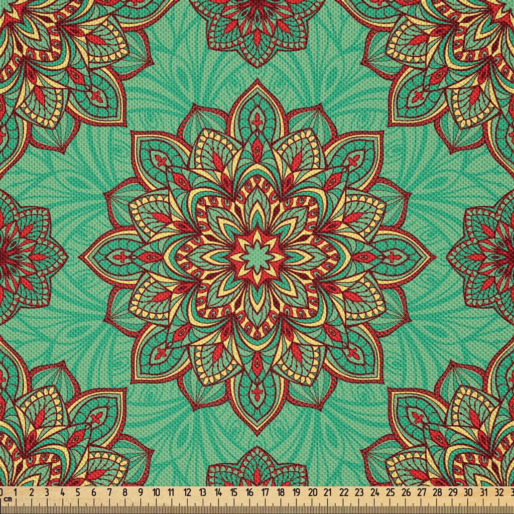 ABAKUHAUS Türkis Satin Stoff als Meterware, Ostöstliches Muster Der Traditionelle Asiatische Geometrische Stammes Kunst, 3 M (148 x 300 cm), Grü...
