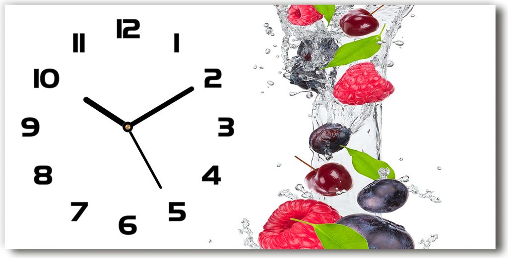 Wanduhr aus Glas – 60x30 cm - Glasbild - Glasuhr - Gehärtetes Glas - schwarze-zeiger - Obst und Wasser